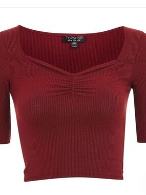TOPSHOP Ribbed Burgundy Short Sleeve Crop Top